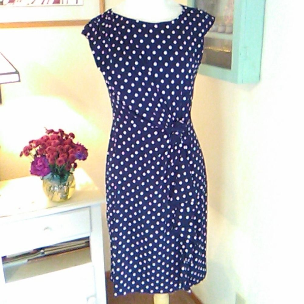 Connected Apparel Navy Blue Polka Dot Dress
